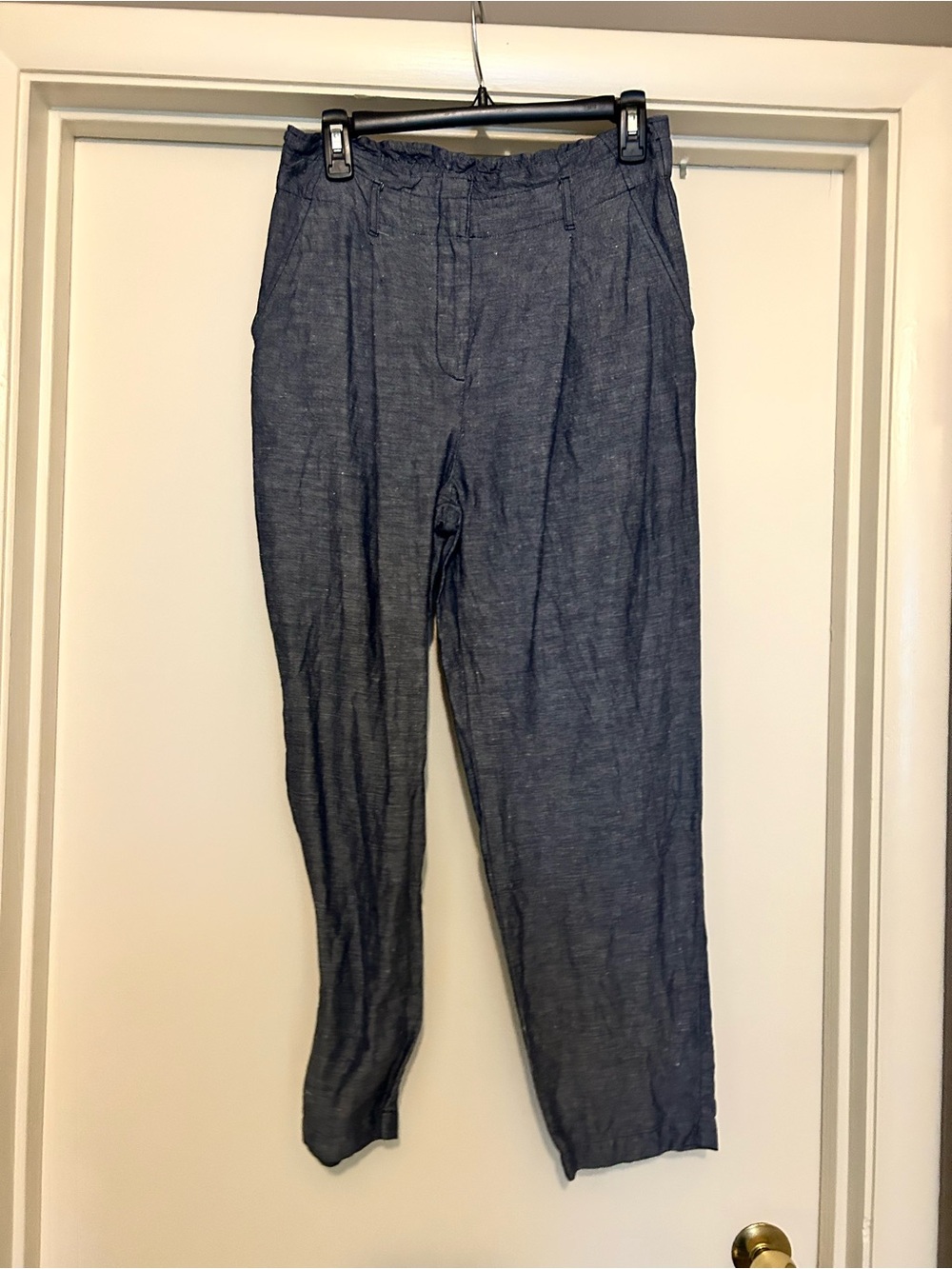 LOFT Dark Blue Cropped Linen-Blend Pants